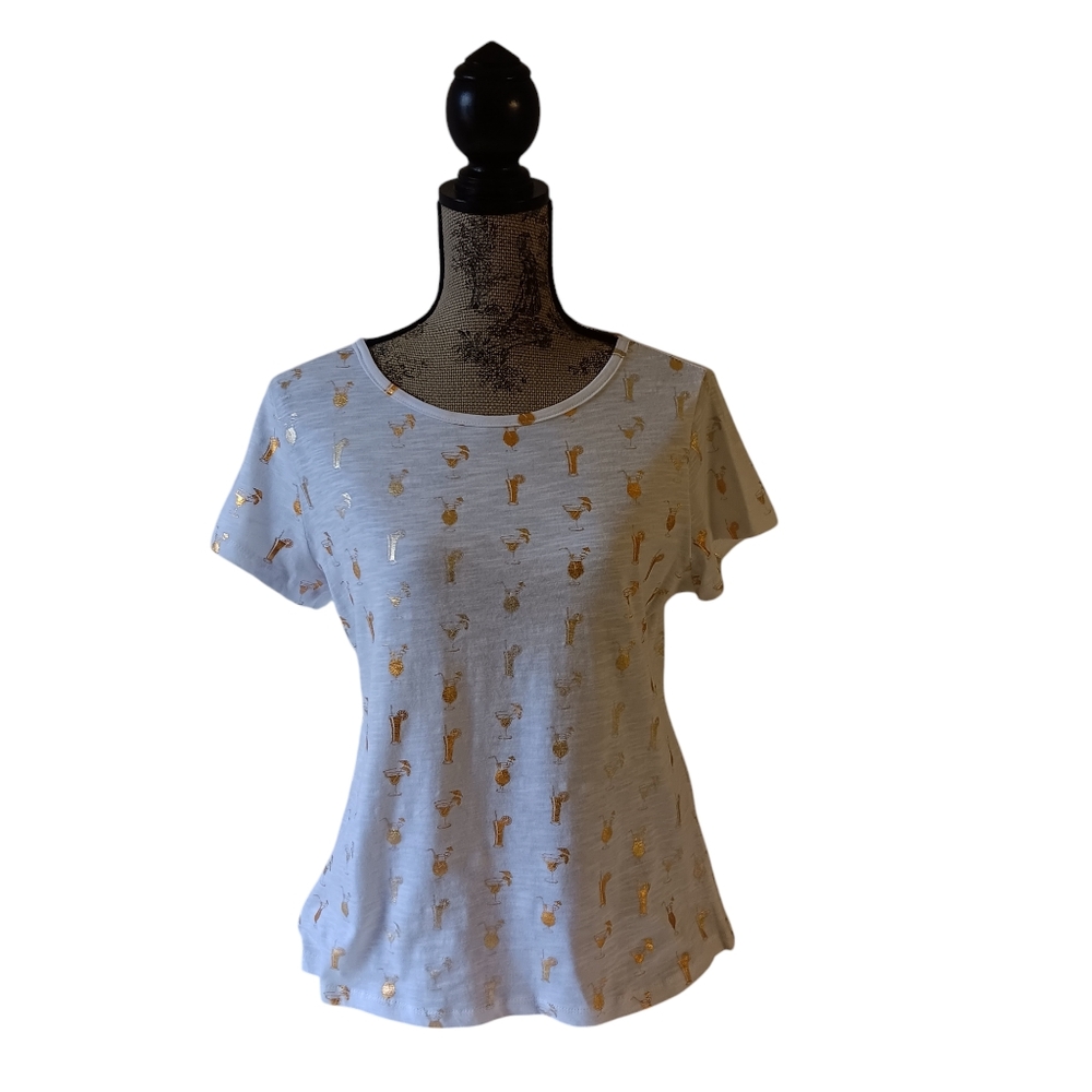By Design women's white/gold cocktail print short-sleeve top size M